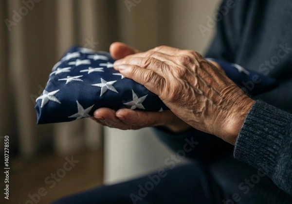 Fototapeta Elderly person holding folded American flag with reverence and reflection on Memorial Day