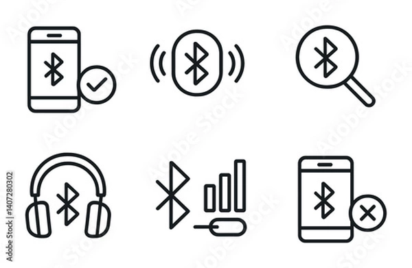 Fototapeta outline vector icons of Bluetooth settings: paired device, discoverable, search Bluetooth, headphones, signal strength, connection, transfer, unpair. No text. The icons should be clean. isolated