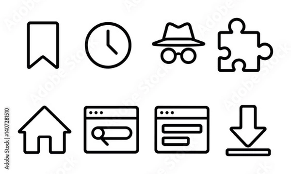 Fototapeta outline vector icons of browser settings: bookmarks, history, incognito, extensions, homepage, default search, autofill, downloads. No text. The icons should be clean. isolated transparent background