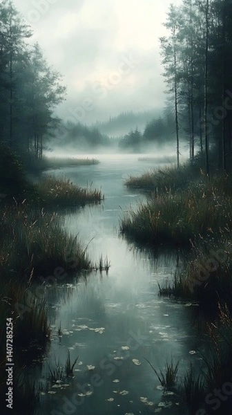 Fototapeta Foggy River Landscape with Trees and Tall Grasses 
 Serene and Mysterious Nature Scene

