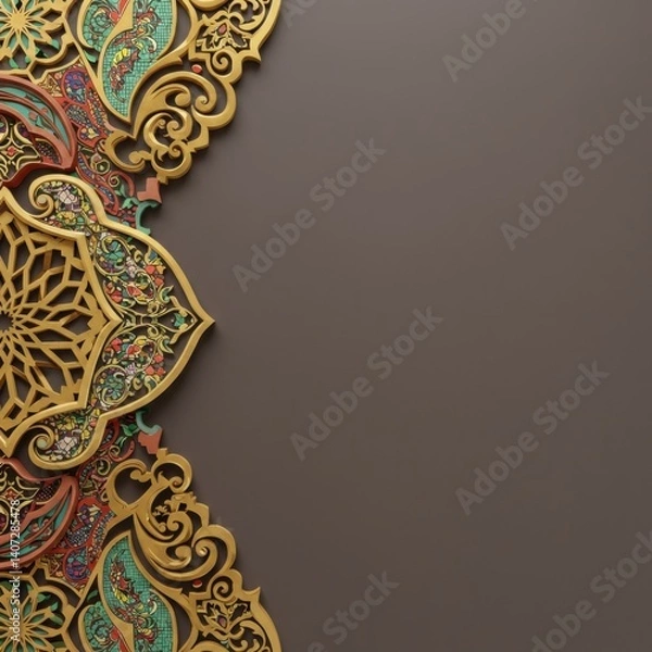 Fototapeta Elegant Gold and Colorful Islamic Arabesque Design on Brown Background, Intricate 3D Rendered Ornament