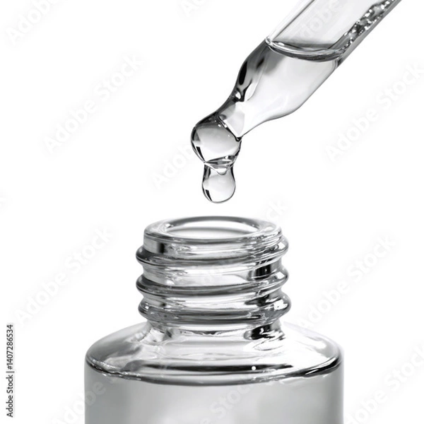 Obraz A transparent liquid is being carefully dropped from a pipette's tip into a small glass bottle. The focus is on the drop just before it enters the bottle opening
