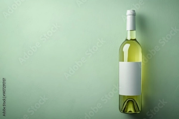 Fototapeta Close-up view showcases a mockup bottle of white wine against a pastel green background, featuring a minimalist label and ample space for branding or text