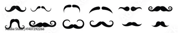 Obraz Set of vector illustrations of various mustache styles in black silhouettes. Includes a variety of shapes from classic curled mustaches to thick and wide types, ideal for design, icons, or templates
