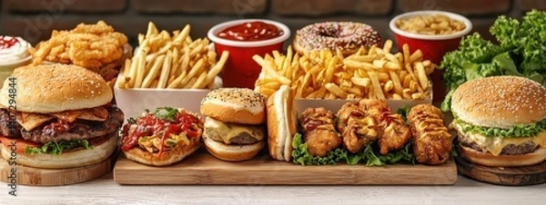 Fototapeta Various delicious fast foods set, unhealthy fast foods isolated on white background. assortment junk foods. beef burger, chicken burger, grilled sandwich, donut, ramen noodles, fries, spring rolls.