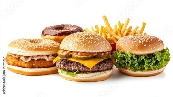 Fototapeta Various delicious fast foods set, unhealthy fast foods isolated on white background. assortment junk foods. beef burger, chicken burger, grilled sandwich, donut, ramen noodles, fries, spring rolls.