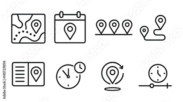 Fototapeta outline vector icons of location history: timeline map, location calendar, visited pins, daily route, travel log, historical pin, revisit icon, time slider. No text. The icons should be clean.
