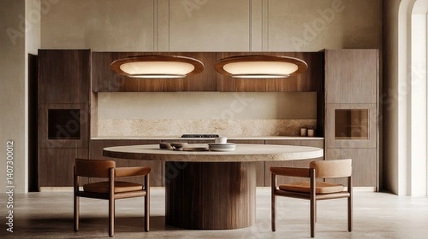 Fototapeta Modern kitchen island lighting, minimalist design, stone countertop, wooden cabinets