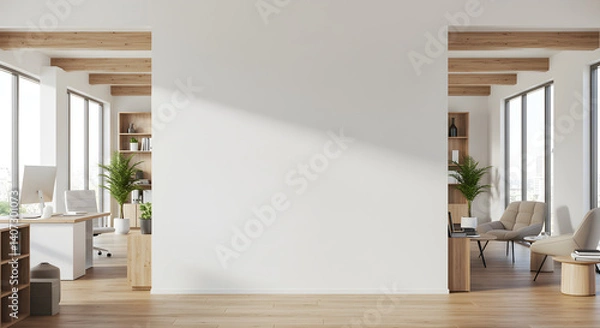 Obraz Interior view of modern office space with white walls and wooden accents and large windows showing city . linear icon collection. editable stroke icons. vector illustration 