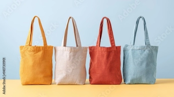Fototapeta A collection of colorful tote bags displayed on a vibrant surface, showcasing stylish and eco-friendly choices for everyday use. Perfect for shopping or casual outings.