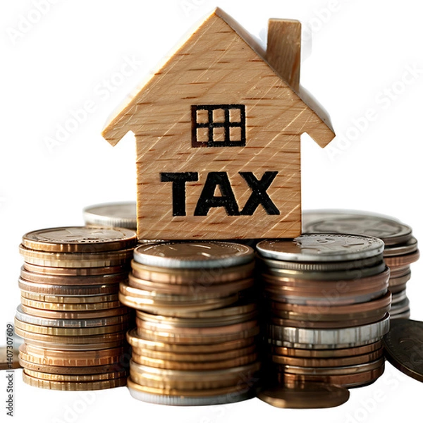 Fototapeta Tax Concept: A wooden house model atop a stack of coins, the word "TAX" boldly inscribed, visually representing the financial aspects of property and taxation.