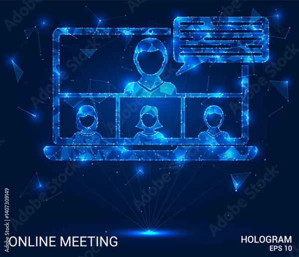 Fototapeta Online meeting hologram. Online meeting is made of polygons, triangles, dots, and lines. Online meeting is a low-poly compound structure. Technology concept vector.