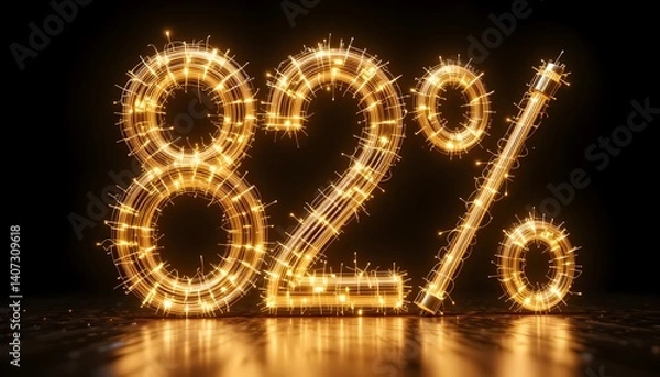 Fototapeta Golden illuminated eighty-two percent symbol on a dark reflective background