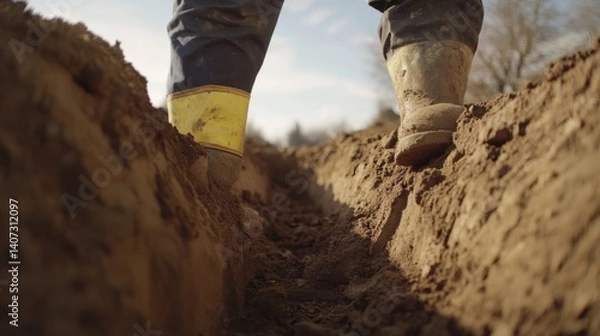 Obraz Construction laborer inspecting an excavated trench. Featuring thoroughness and precision