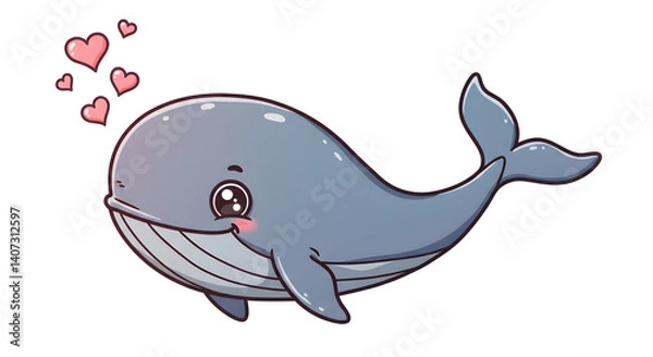 Fototapeta Affectionate Whale: A whimsical illustration depicts a charming, smiling whale, expressing love with floating hearts, bringing a touch of joy to your design.