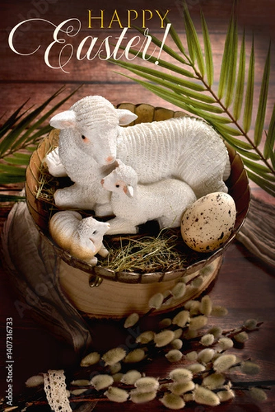 Obraz Easter card with lambs in metal bowl on wooden table  with wishes