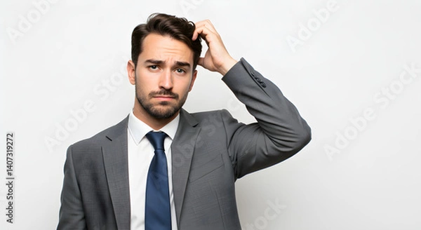 Obraz Man in a suit scratching his head and looking confused on a white background in a studio shot . linear icon collection. editable stroke icons. vector illustration 