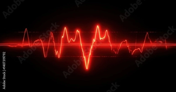 Fototapeta Red glowing electrocardiogram line on a dark background with sharp peaks