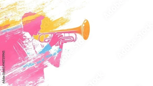 Fototapeta A vibrant illustration of a musician playing the trumpet, using bold colors and abstract brush strokes to convey the energy and passion of music performance.
