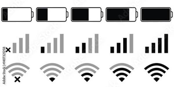 Obraz Battery, WiFi, and mobile network icons in a clean, minimal style. Ideal for apps, UI/UX, and digital interfaces. Battery icon set,
 wifi icons set. Network of vector illustration.