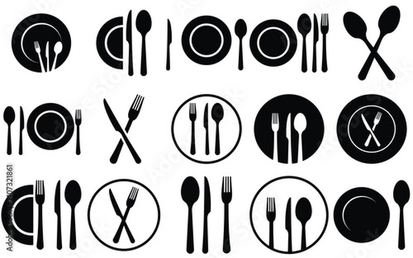 Obraz place setting cutlery knife, spoon and plate set icons of vector  illustration