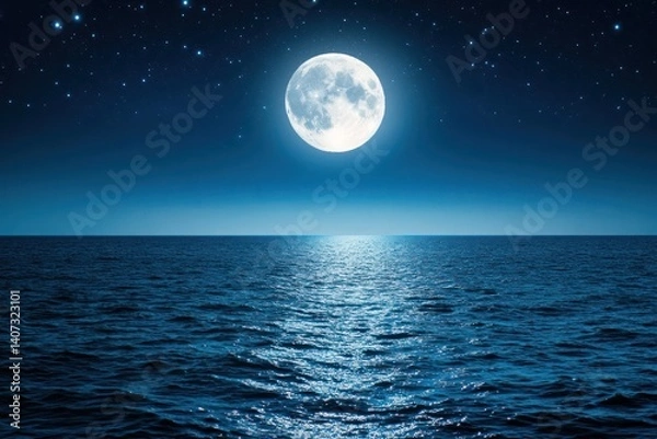 Fototapeta Full moon shines brightly over a dark ocean reflecting light on the water.