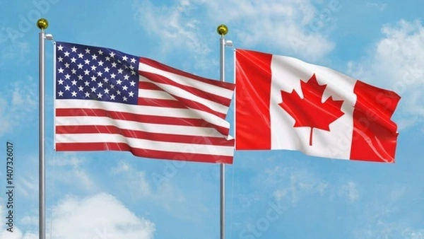 Fototapeta Two country flags on poles, symbolizing unity or event partnership between the USA and Canada.