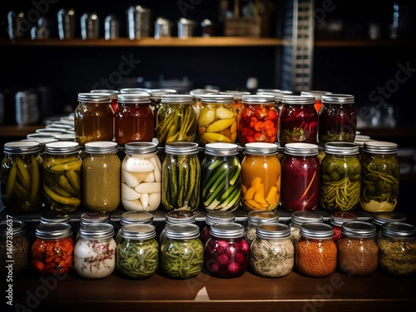 Fototapeta Tangy vegetables ferment in jars neatly stored at a pickle station, working over time