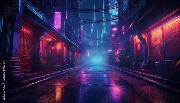 Fototapeta Dark Alley in a Cyberpunk Cityscape, Bathed in Neon Glow and Shrouded in Gloom, Showcasing the Gritty Allure of a Futuristic Underworld