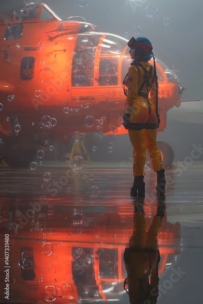 Fototapeta Guarding the Skies: A dedicated woman, adorned in protective gear, gazes thoughtfully at a helicopter, symbolizing service and readiness. Reflecting on courage and dependability