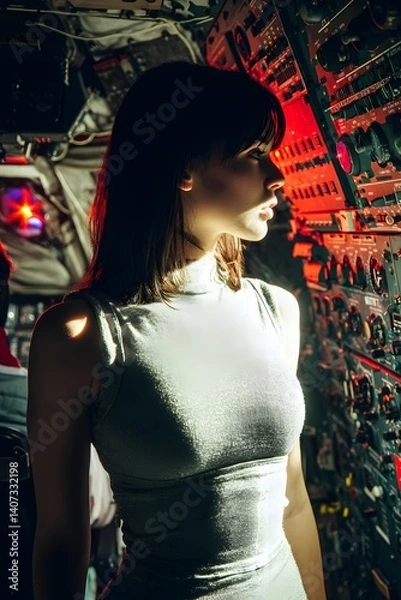Fototapeta Captivating Reflection in the Industrial: A striking woman stands amidst a stark industrial interior, bathed in dramatic lighting that accentuates her thoughtful expression.