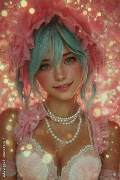 Fototapeta Dreamy Serenity: A portrait of a young woman with light teal hair, adorned in pink, embodying a gentle and ethereal aura, her gaze conveying peace and a hint of mystery.