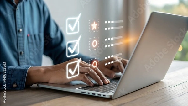 Fototapeta Digital quality control and certification concept. Businessman working on a laptop with icons quality control, certificate, and assurance. Checkmark symbol, success verification, standard compliance,