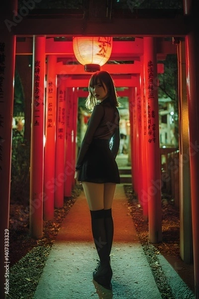 Fototapeta Serene Shrine Silhouette: A lone figure finds a moment of quiet contemplation beneath the enchanting red torii gates, illuminated by soft lantern light.