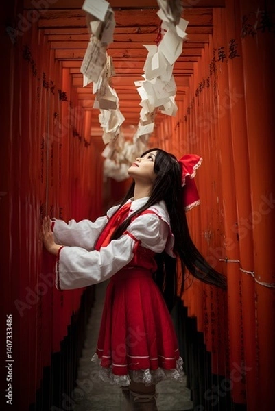 Fototapeta Japanese shrine maiden in a tunnel of red torii gates: A young female in traditional attire poses gracefully within a vibrant pathway of torii gates, under cascading paper streamers.