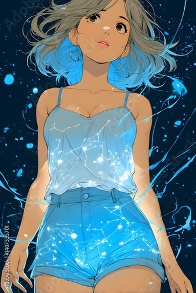 Fototapeta Dreamy Celestial: A celestial beauty floats within a cosmic tapestry of interconnected stars and constellations, with dreamy gaze and a celestial glow, she finds serenity in the serene dark.