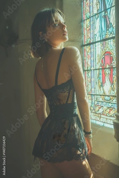 Fototapeta Mysterious Gaze: A woman in a black lace corset stands near a stained-glass window, her back to the camera, gazing thoughtfully. The light streams through the window, creating a dramatic atmosphere. 