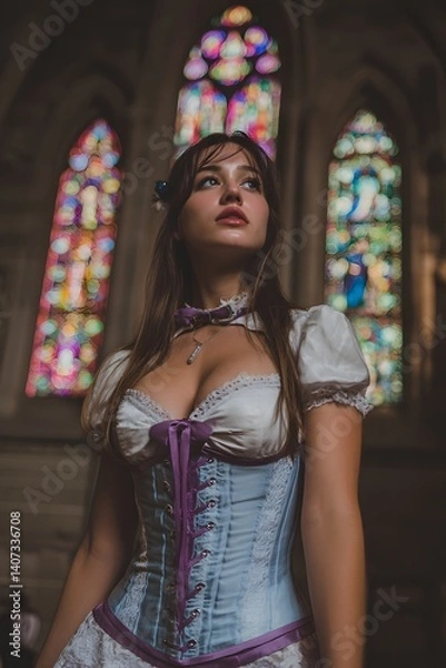 Fototapeta Serene Silhouette: A young woman stands gracefully before a vibrant stained-glass window, her gaze lifted skyward, in a moment of introspective calm. 