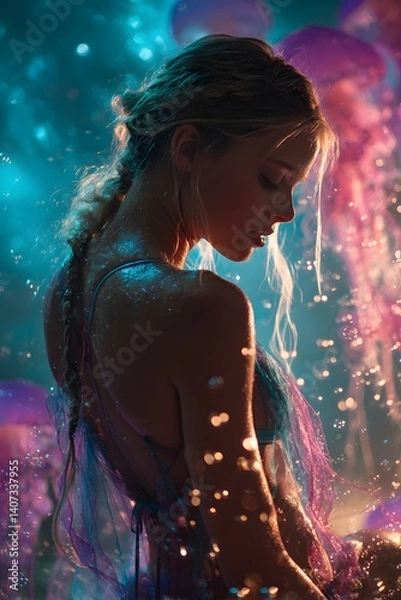 Fototapeta Enchanting Mermaid Amidst Glowing Water: An ethereal portrait of a young woman transformed into a mythical mermaid, surrounded by illuminated, dreamy bubbles and the enchanting glow of the water.