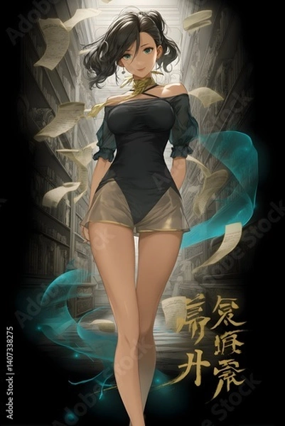 Fototapeta Anime Inspired Elegance: A captivating digital artwork portraying an anime-style woman, poised in an ornate, architectural setting, exudes an aura of mystery and grace.