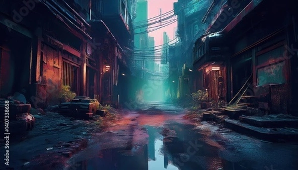 Fototapeta Dystopian Alley in Cyberpunk City Gritty Abandonment Meets Neon Nights, a Desolate Urban Scene Captivating with Dirt, Grunge, and a Faint Glow of Digital Decay.