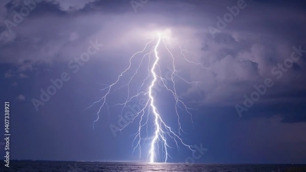 Fototapeta A dramatic storm over the ocean at night, with powerful lightning strikes illuminating the dark sky above.