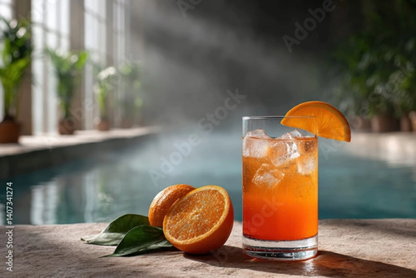 Fototapeta A glowing virgin Aperol Spritz mocktail resting beside a spa jacuzzi, orange segments floating in the glass