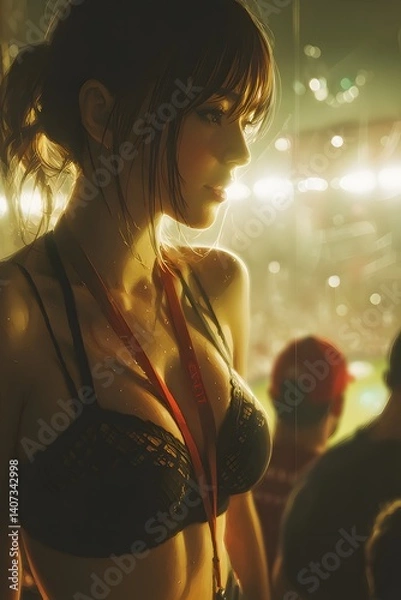Fototapeta Stadium Sensation: A striking view of a woman captivated by the vibrant atmosphere of a sports stadium, illuminated by bright stadium lights.