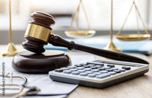 Fototapeta Bribery in tax law enforcement symbolized with gavel and calculator.