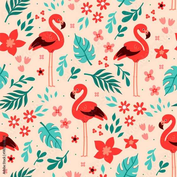 Obraz Seamless pattern with red flamingos, tropical leaves and flowers. Vector graphics.