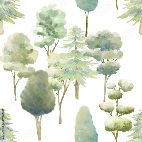 Fototapeta Seamless watercolor forest pattern with trees and foliage. Hand-drawn design for fabric, wrapping, nursery, and more.