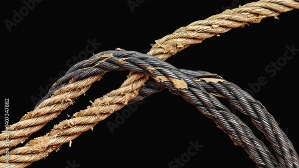 Fototapeta Rough metallic twisted rope with worn ends and a tangled knot.