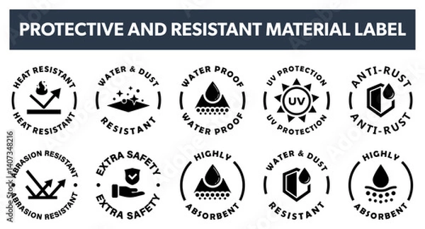 Obraz Proof and protective material and clothes - vector resistant fabric properties signs.