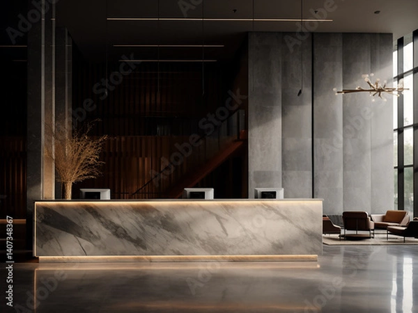 Fototapeta Sleek reception area with a marble counter and illuminated logo welcoming visitors